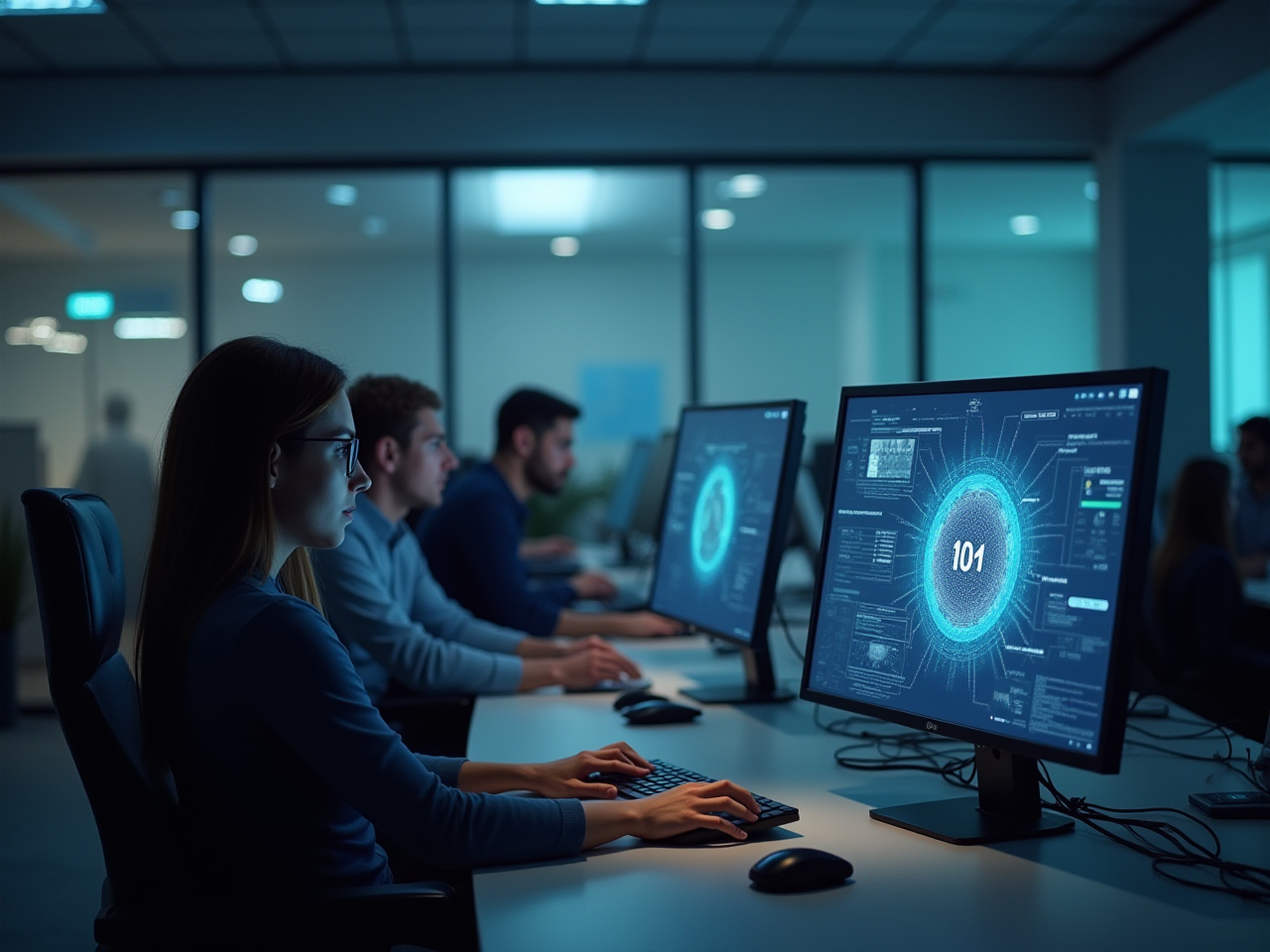 Oficina tecnológica con IA ayudando a optimizar tareas y aumentar productividad con IA.