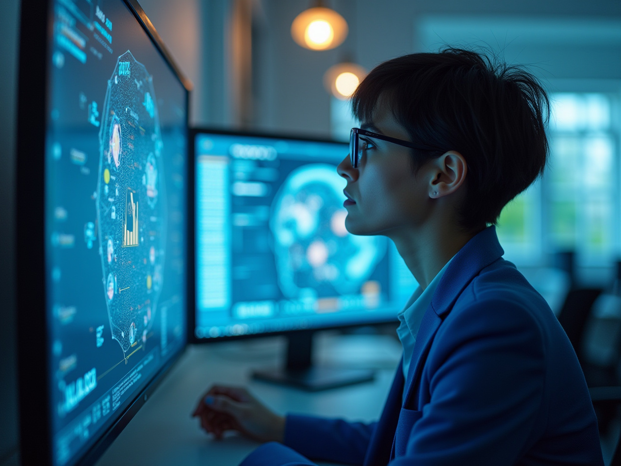 Persona en una oficina enfrentando desafíos para implementar IA en su trabajo, con gráficos de inteligencia artificial en la pantalla.