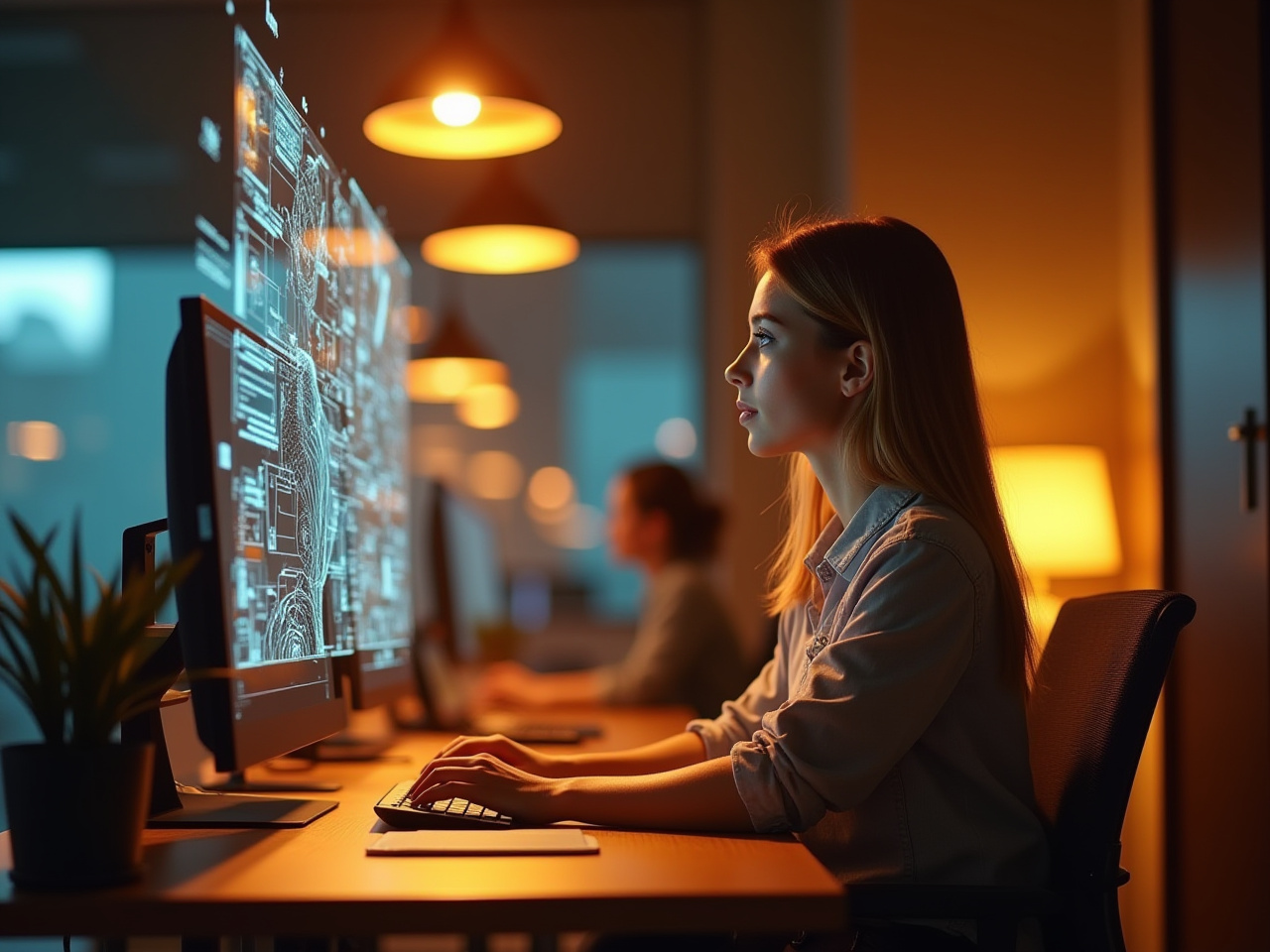 Profesional en una oficina usando IA para optimizar su productividad, con gráficos digitales representando automatización y eficiencia.